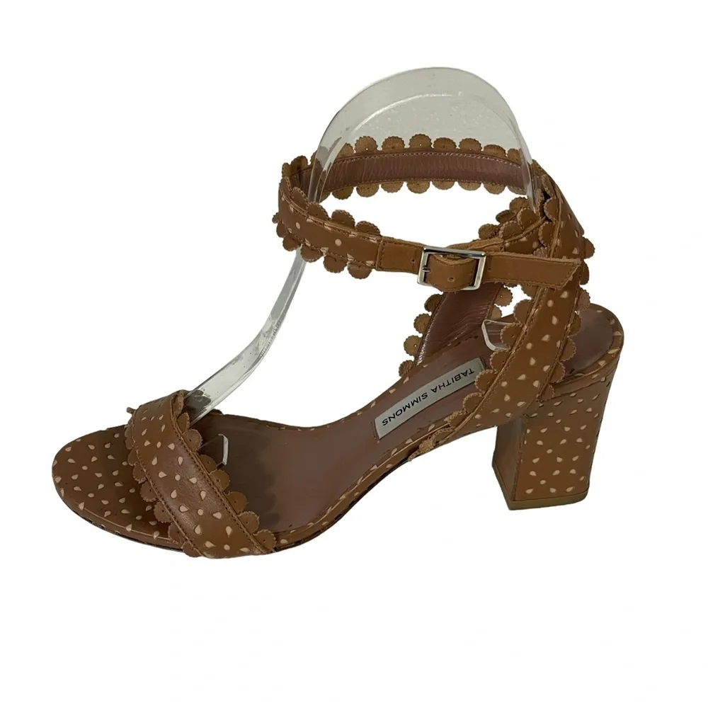 Tabitha Simmons Brown Leather Scalloped Ankle Strap Block Heel Sandal 36 US 5